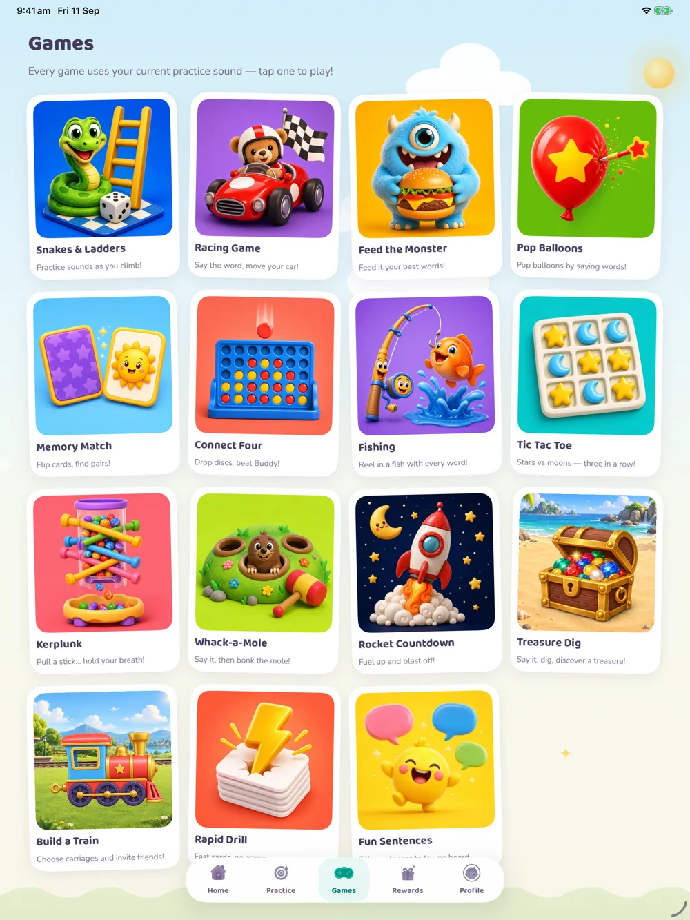Real native iPad Games screen showing 13 games plus Rapid Drill and Fun Sentences