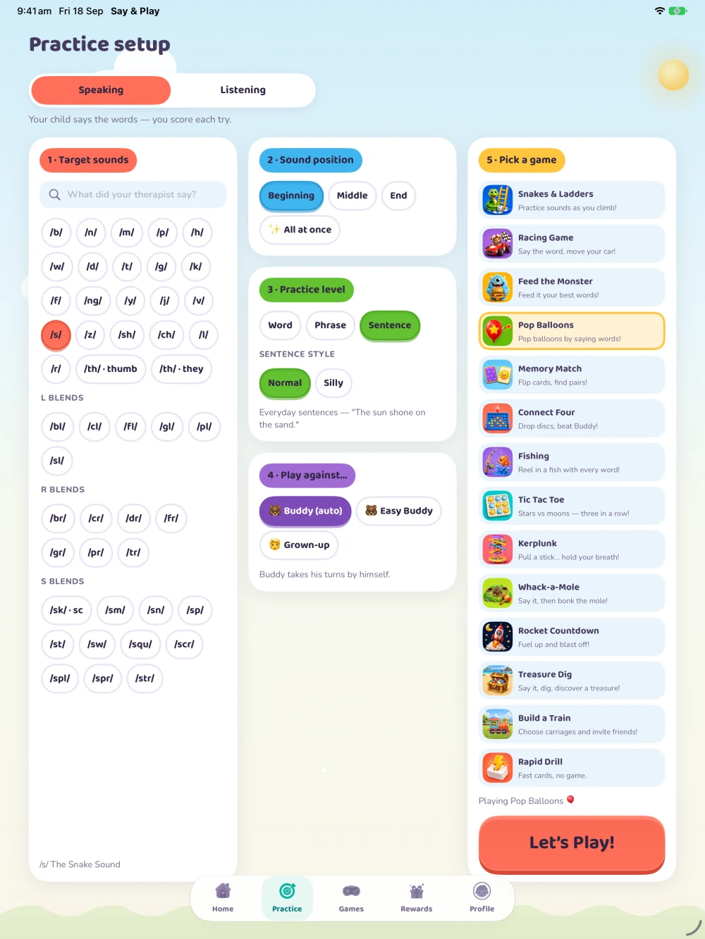 Native iPad setup with sounds, blends and sentence styles, with Normal selected and Silly available