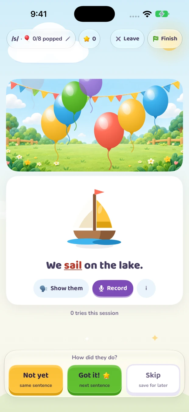 Real iPhone balloon game showing speech practice and scoring controls