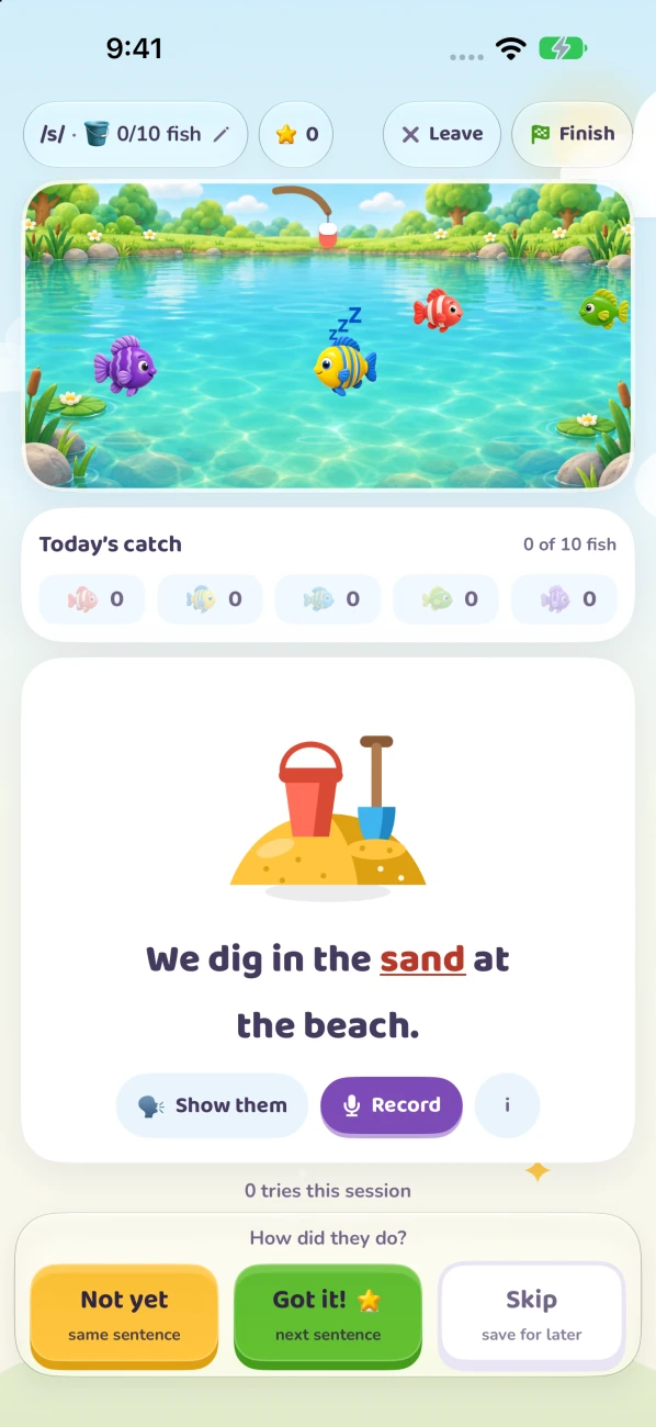 Real native iPhone fishing game showing the pond, catch and speech practice