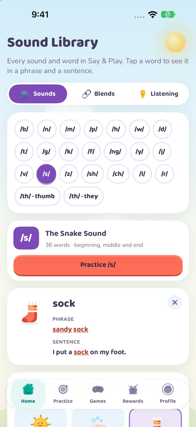 Native iPhone Sound Library showing sock, sandy sock and the sentence I put a sock on my foot
