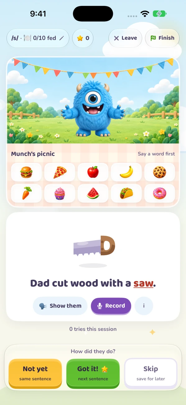 Real native iPhone Feed the Monster game with Munch's picnic and the target sentence