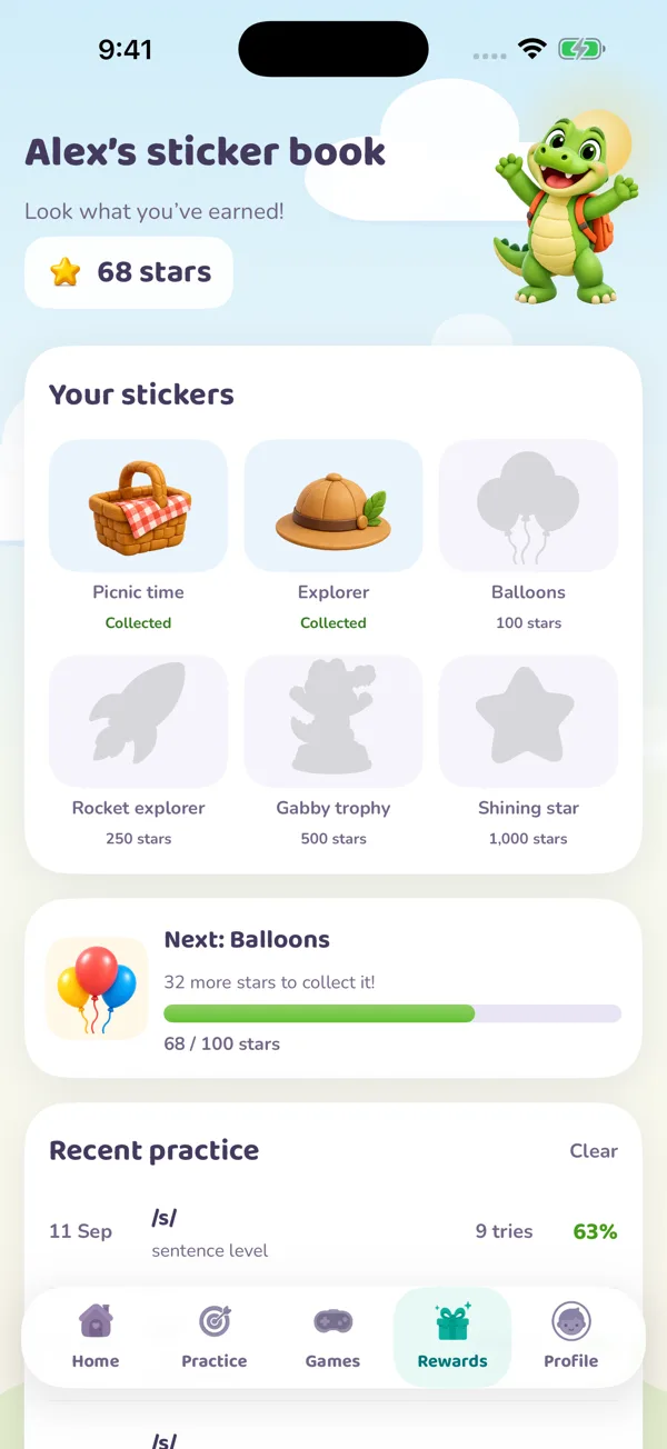 Actual native iPhone sticker book with earned stickers, next reward and recent practice